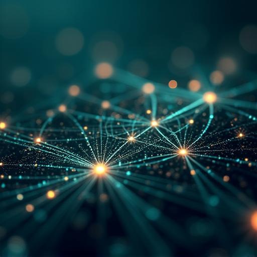 データとAIの関連性を示す抽象的な技術グラフィック