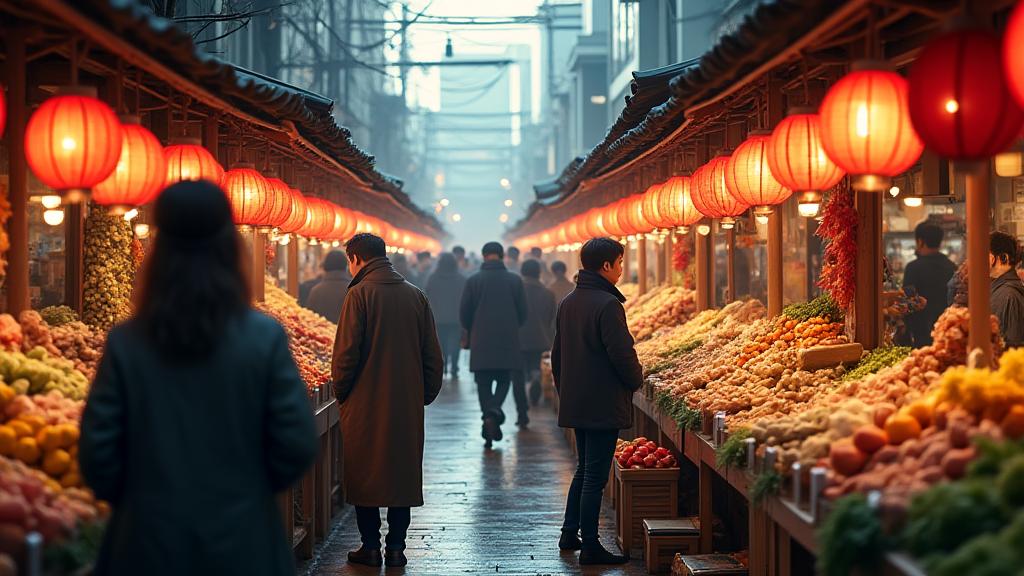 活気のある東京の食品市場の様子