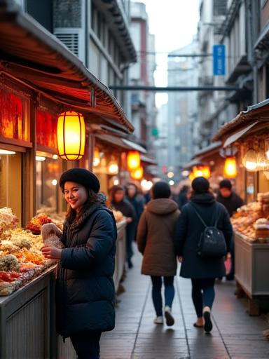 谷中銀座商店街での食べ歩きの様子